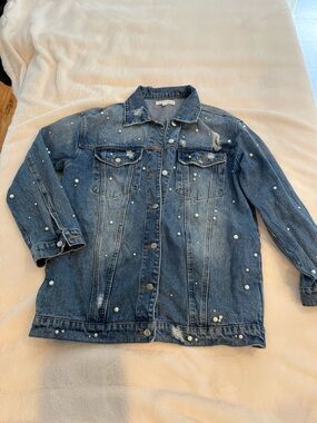 Pearl-Embellished Denim Jacket - Blue